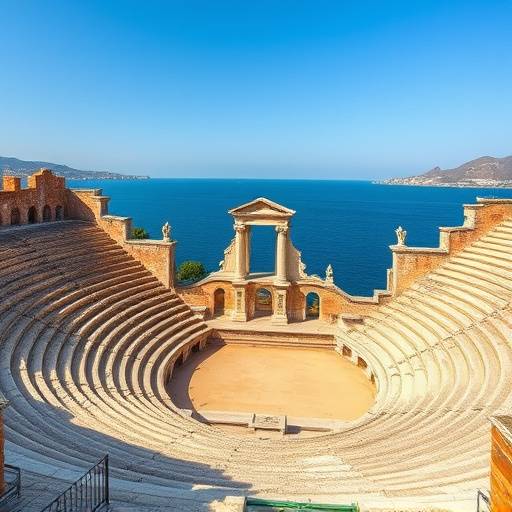 Anfiteatro romano de Cartagena con el mar Mediterr&radic;&deg;neo de fondo