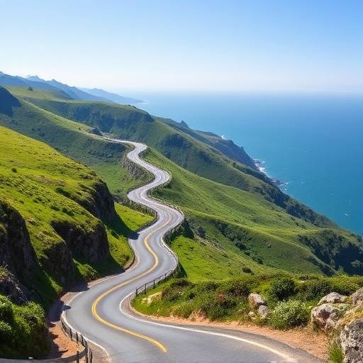 Carretera sinuosa a trav&radic;&copy;s de las monta&radic;&plusmn;as verdes del Pa&radic;&ne;s Vasco con el mar Cant&radic;&deg;brico al fondo.