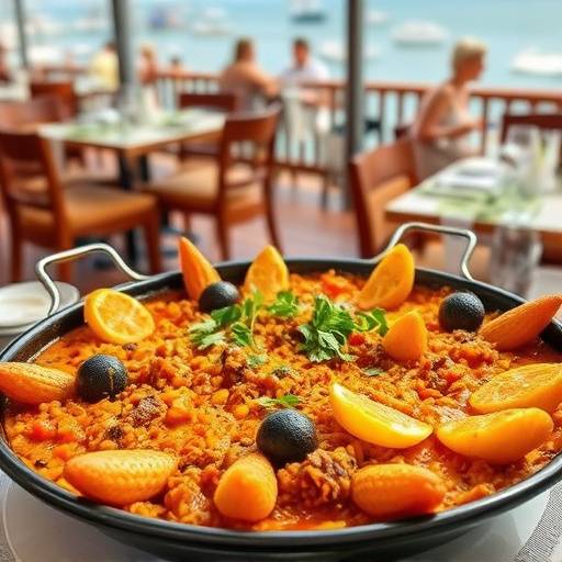 Un plato de paella tradicional espa&radic;&plusmn;ola en un restaurante con vistas al mar.