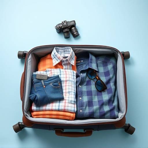 Una maleta de viaje abierta con ropa doblada, un sombrero, una c&radic;&deg;mara y un par de gafas de sol.