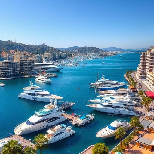 Vista panor&radic;&deg;mica de la costa de Marbella con yates en el puerto y edificios lujosos